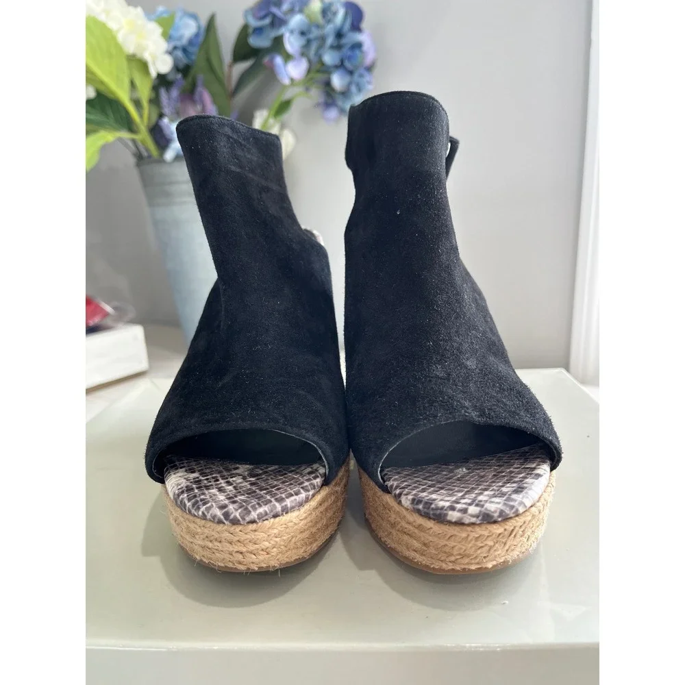 Marc Fisher‎ Black Suede Peep Toe Espadrille Wedge Sandals Size 6.5M